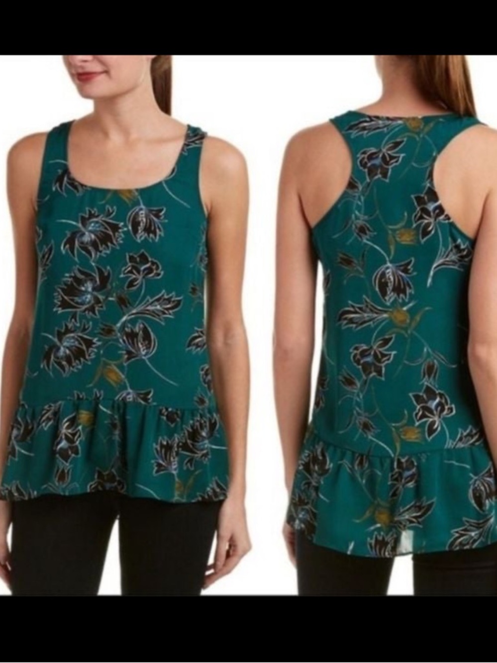 Cabi women’s ‘Zoe’ Falling Flowers Sleeveless Tank, green peplum blouse medium
